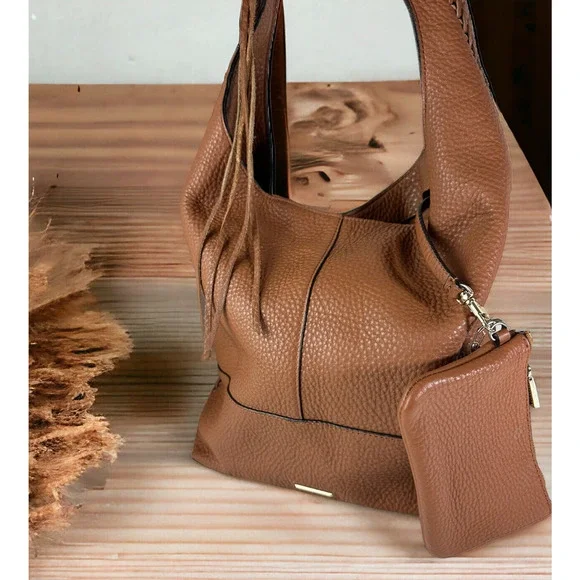 Rebecca Minkoff Leather Unlined Slouchy Hobo With Whipstitch Almond Bag Tassel - Picture 1 of 12